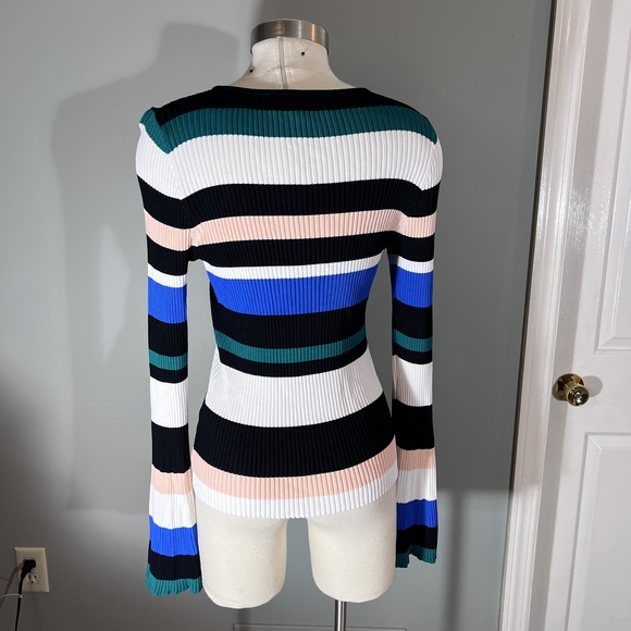 Scripted Sz L Black White Green Peach Blue Ribbed Striped Bell sleeve Top POSH44 - Picture 9 of 12